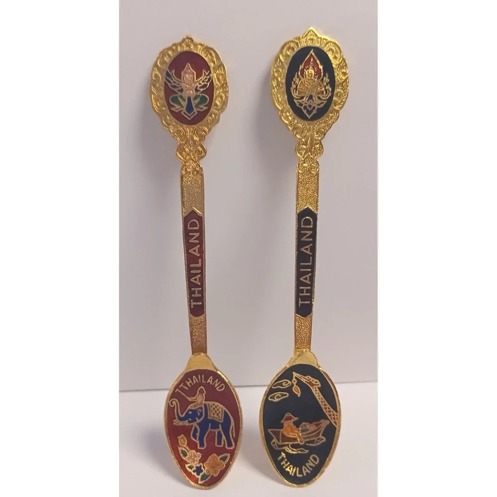 2 Vintage Authentic Thailand Thai Elephant Floating Market Vendor Souvenir Spoon